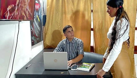 Horny brunette secretary seduces you in the office