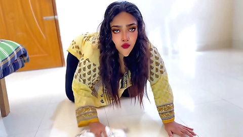 Stuck in bed brunette gets cleaned by stepson-in-law