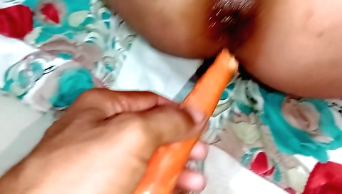 Wife's dick made out of a vegetable fucked by the dildo