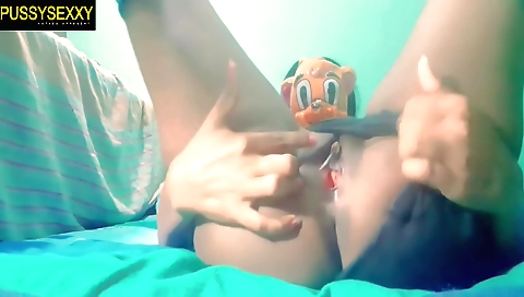 Naked brunette in sexy shorts and hands like wild animals