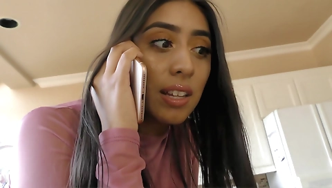 Brunette with large tits and hairy pussy plays with her pussy